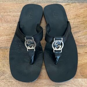 GUCCI Black Canvas & Leather GG Interlocking Flat Thong Sandals, Size 37